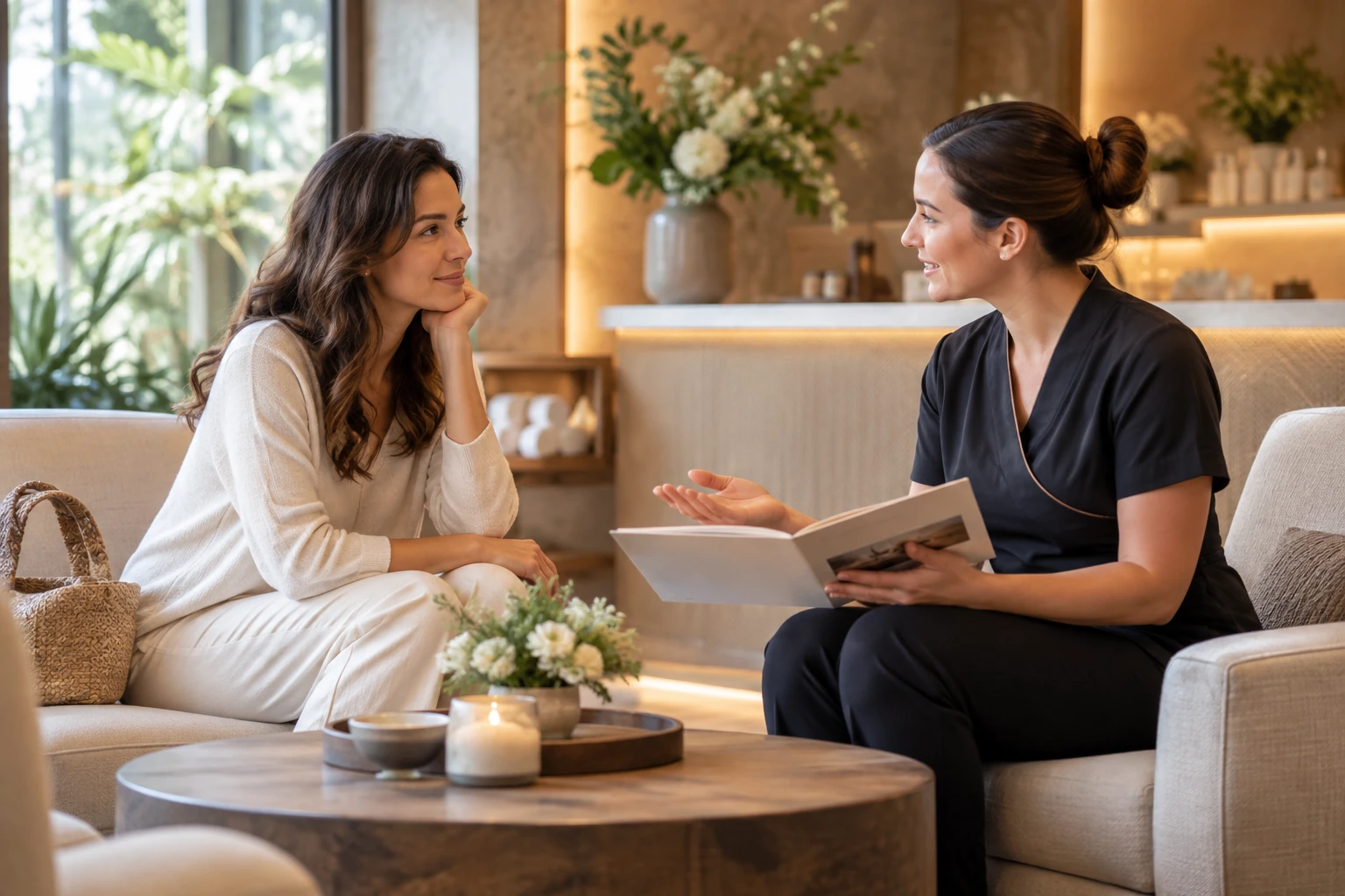 A guest on a sofa listening to a spa staff member who is holding an open booklet