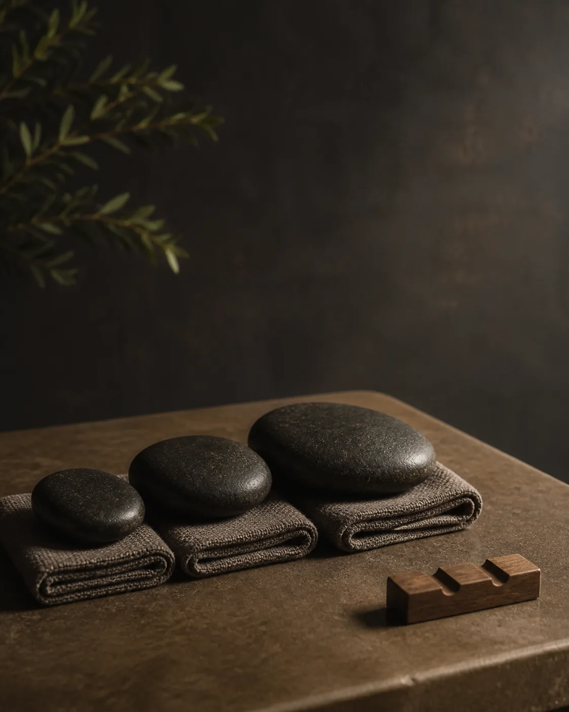 Massage oil and tools prepared for a measured-pressure session