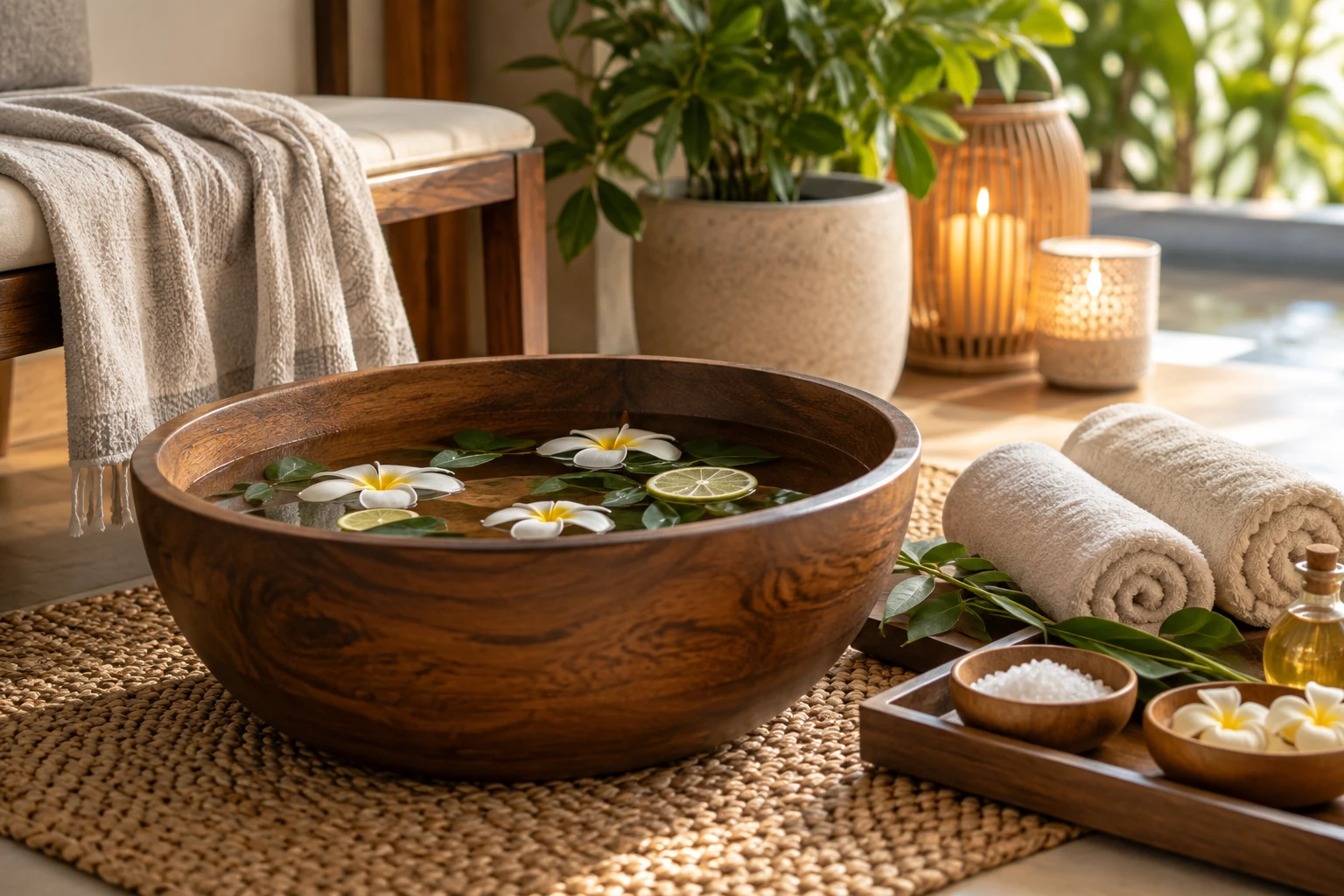 A wooden foot-soak bowl with floating flowers and lime slices, beside rolled towels and small bowls of salt