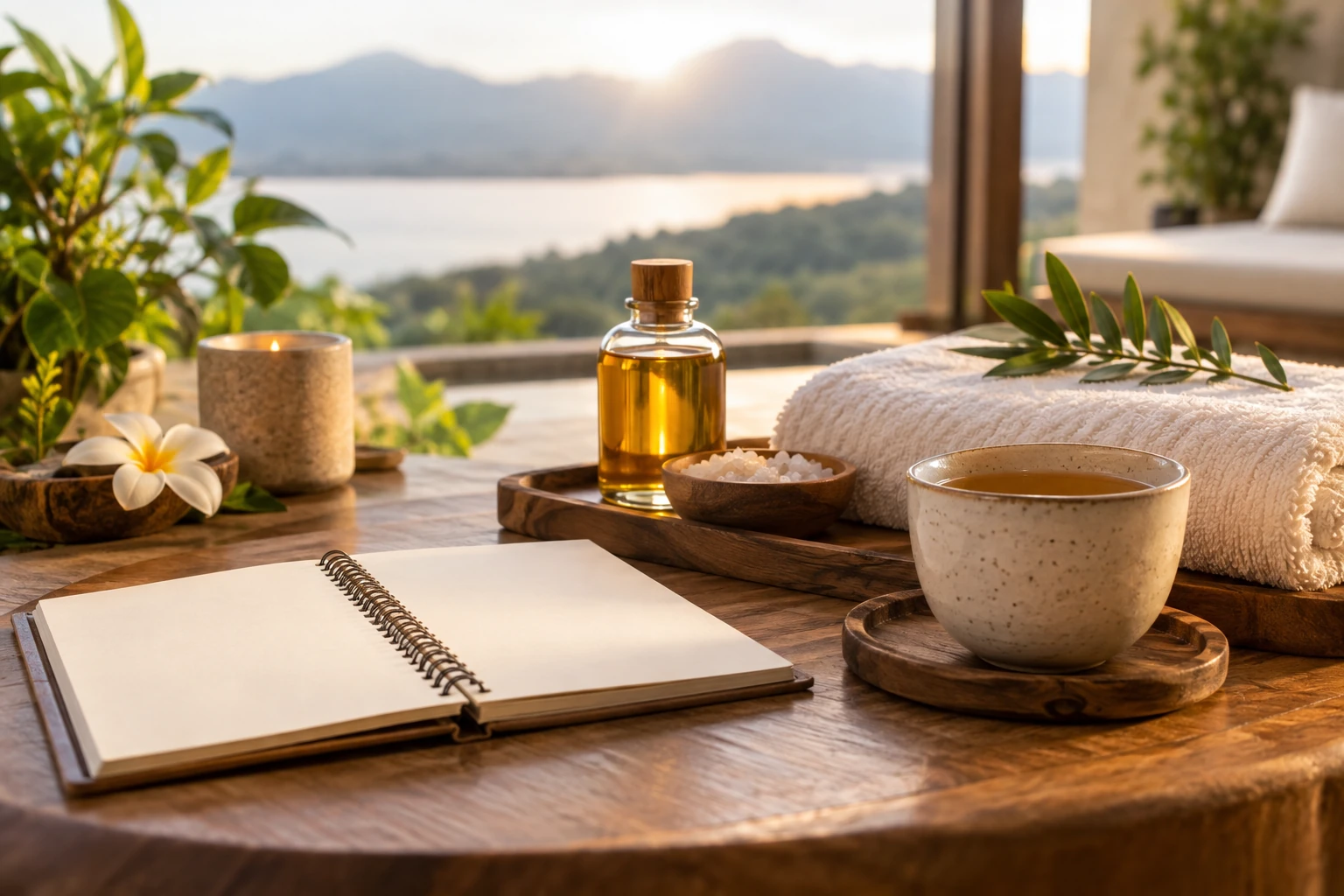 An open blank notebook beside a cup of tea, a bottle of oil and a rolled towel on a wooden table