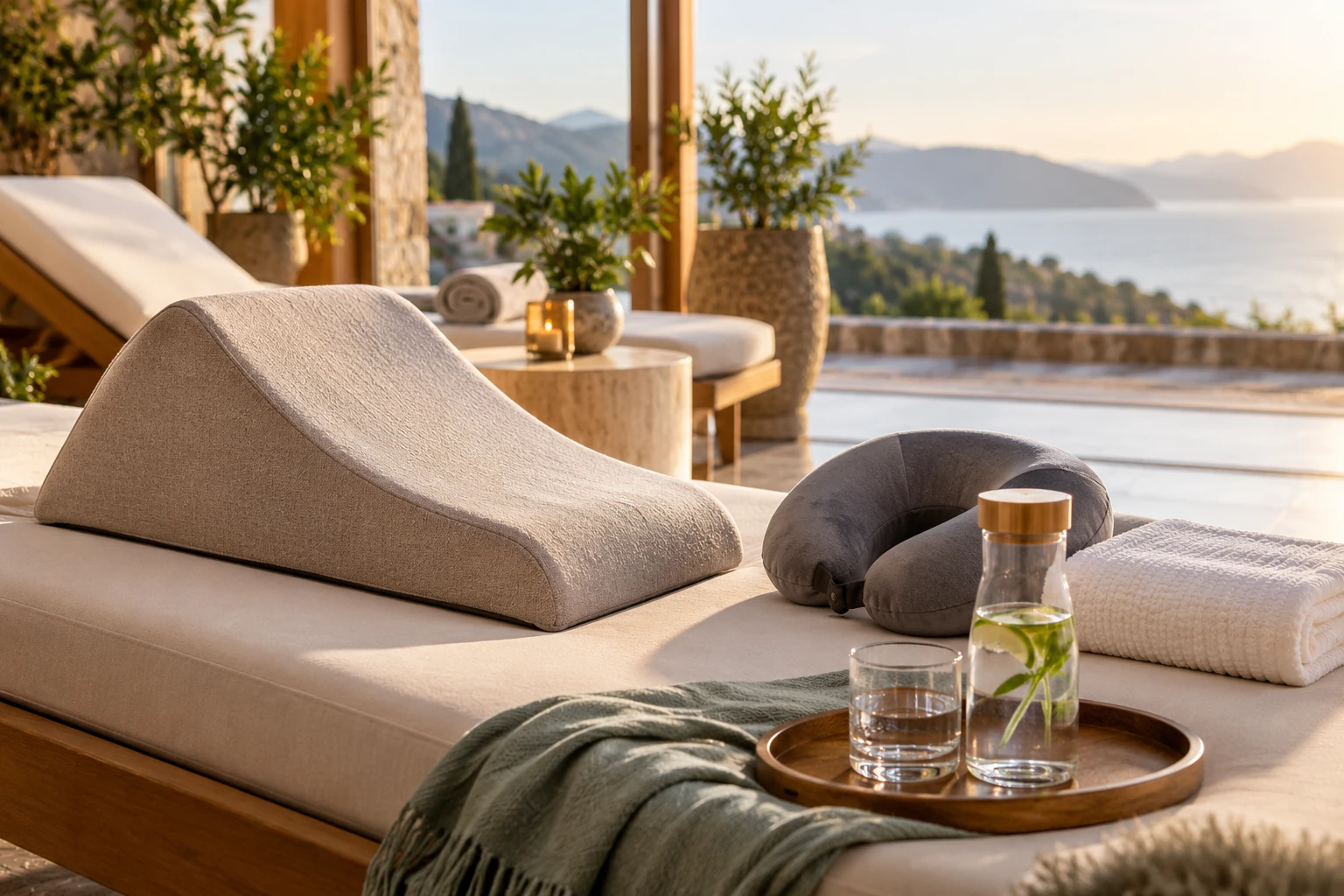 A wedge cushion, a travel neck pillow and a tray with a carafe of water on a daybed