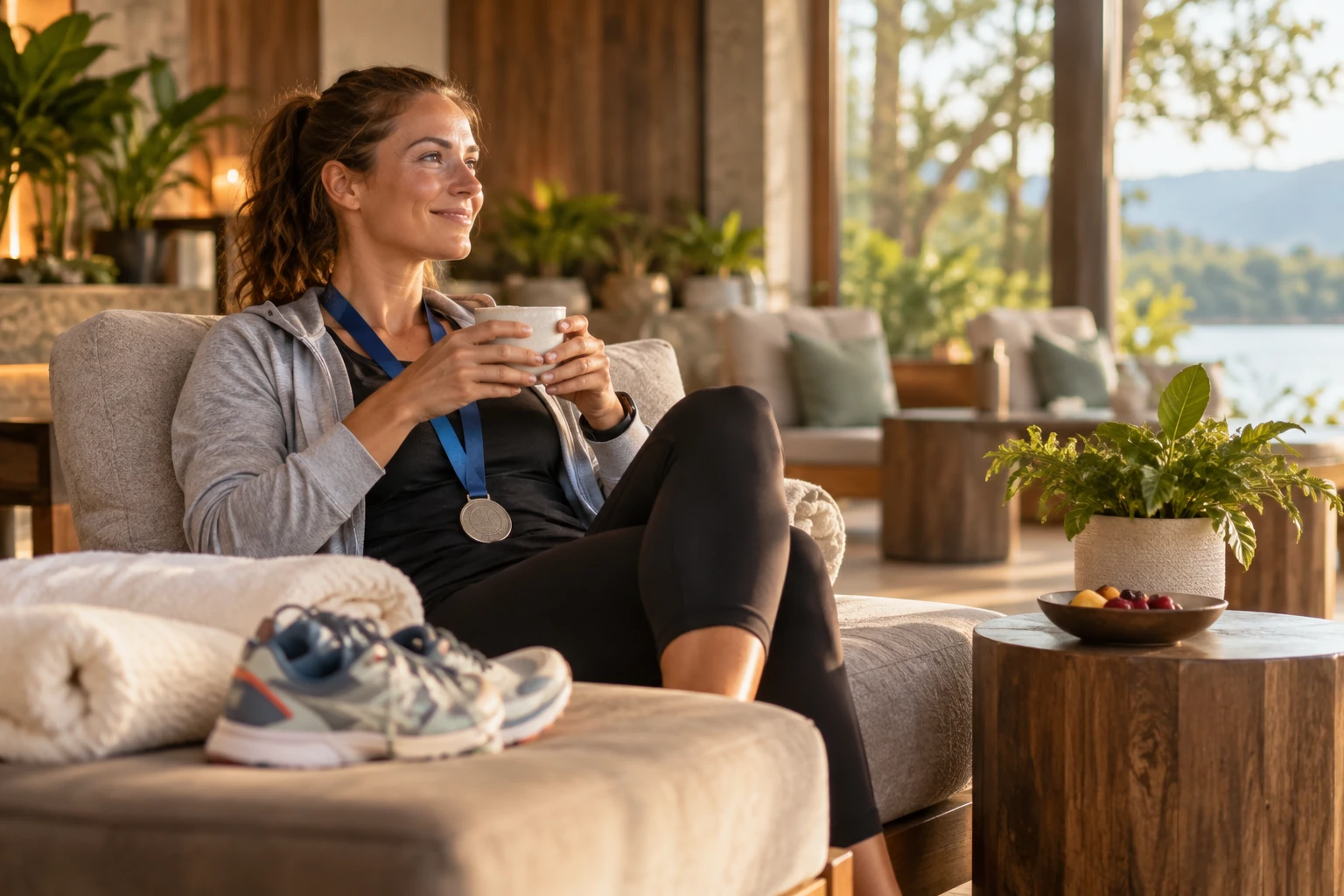 A woman with a medal around her neck holding a cup on a lounge sofa, her running shoes beside her