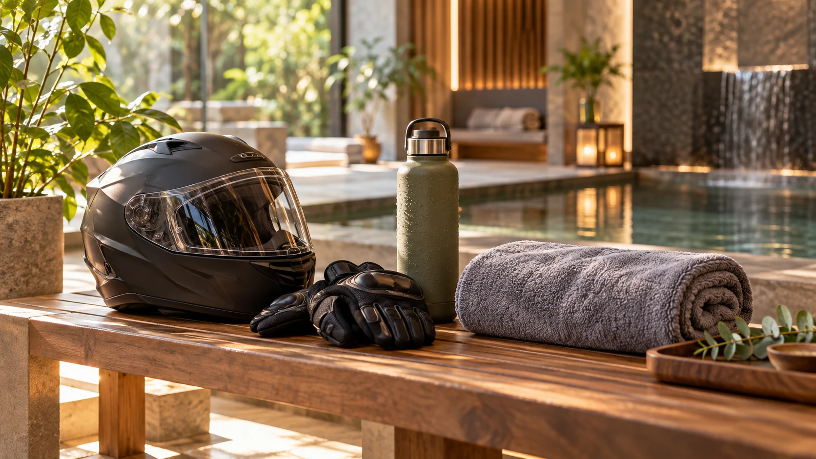 A motorcycle helmet, riding gloves, a water bottle and a rolled towel on a wooden bench beside a pool