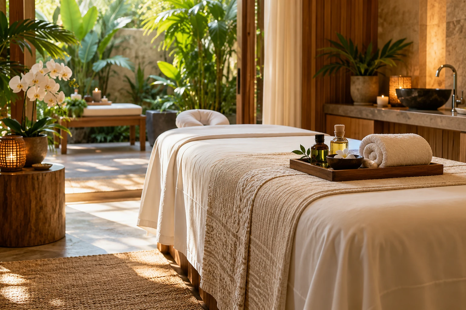 A prepared massage bed with a tray of oils and a rolled towel in a room that opens onto a garden