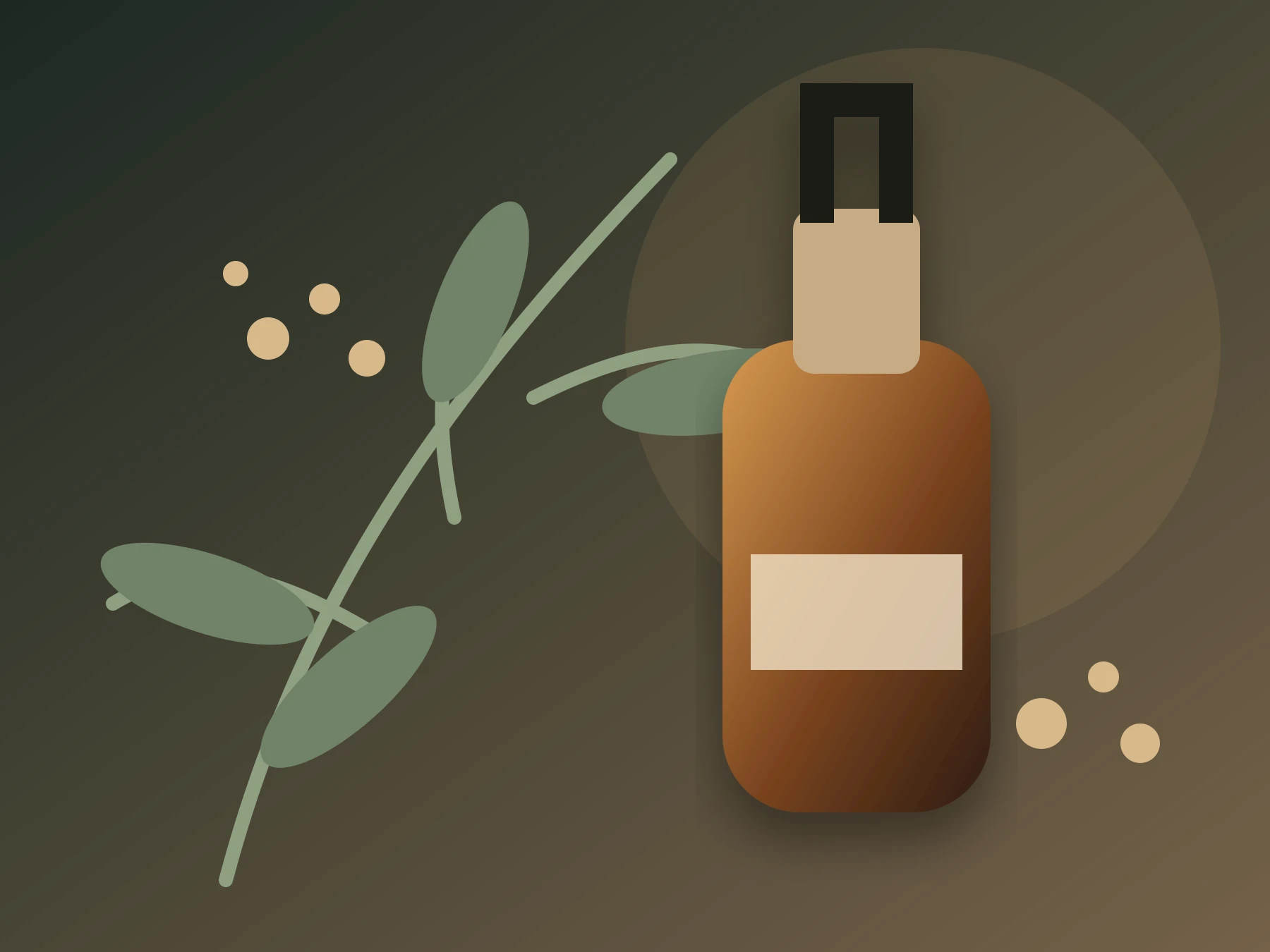 Illustration of aromatic massage oil with leaves and blossoms