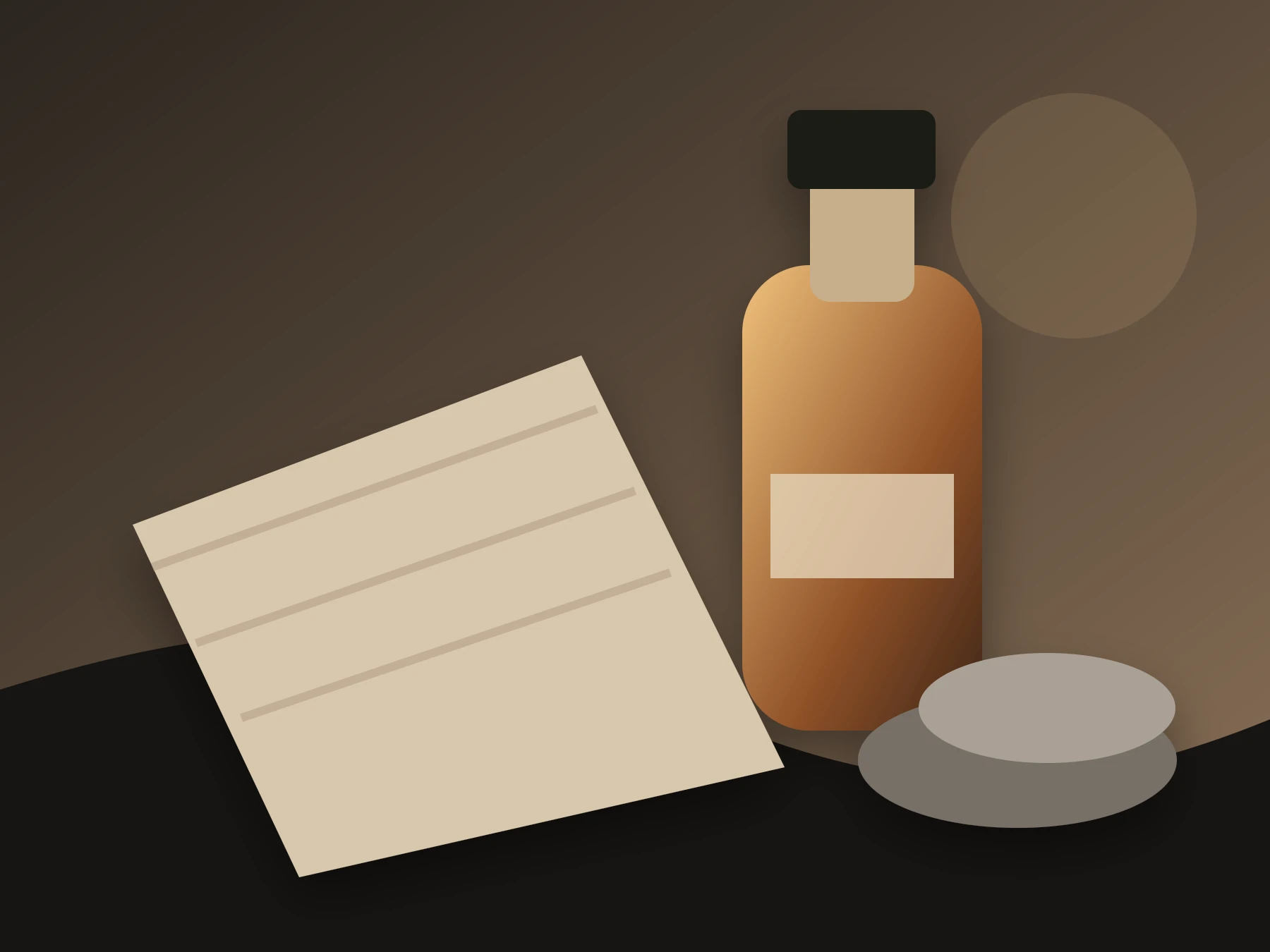 Illustration of a neutral massage oil beside folded linen