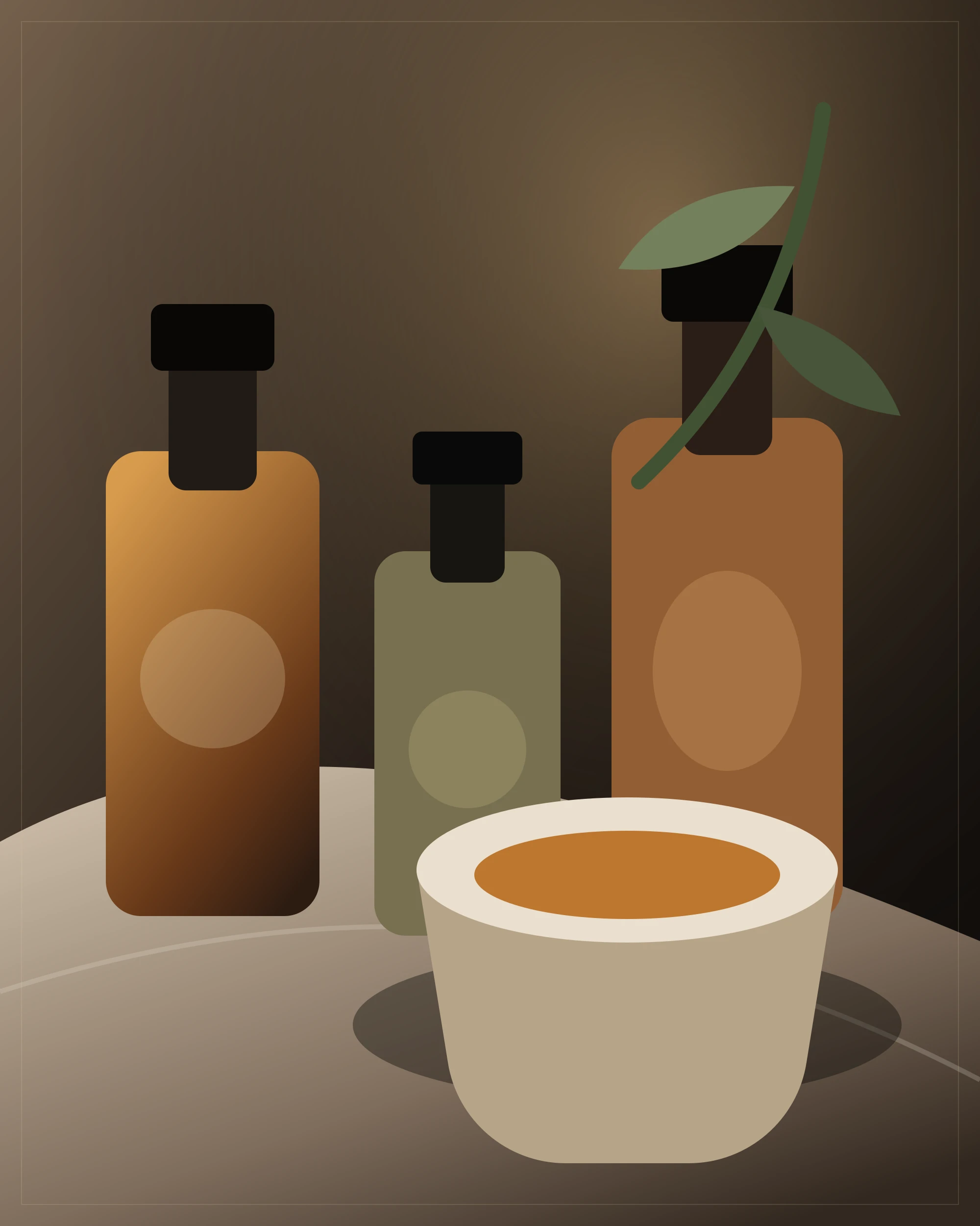 Illustrated massage oils arranged beside a ceramic bowl and folded linen