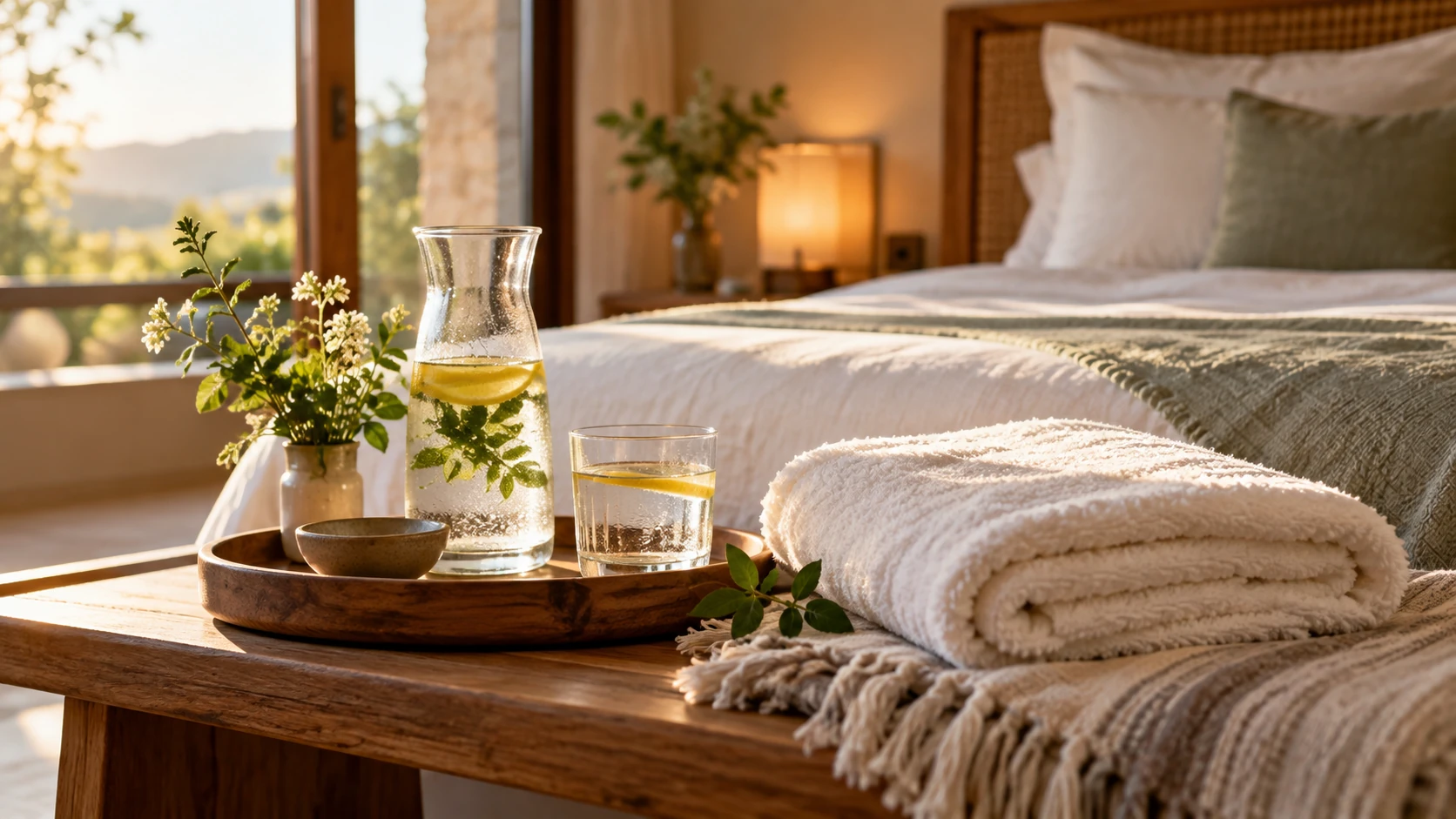 A carafe of lemon water, a glass and a folded towel on a bench at the foot of a bed